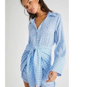 Free People Rillo Blue Beach Summer Shirtdress Buttondown Tie Long Sleeve